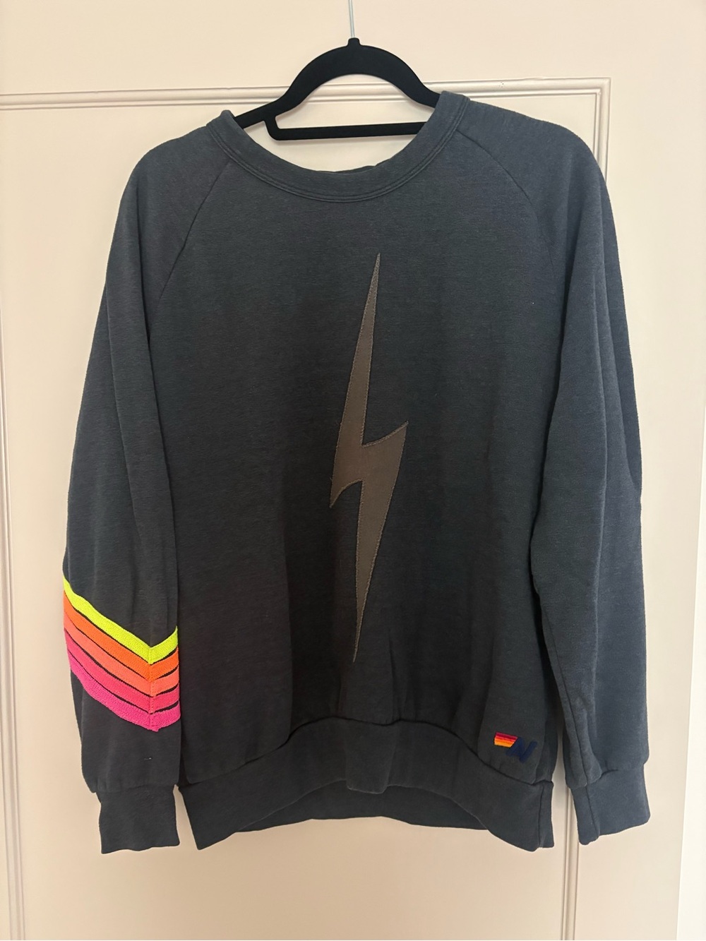 Aviator Nation Dark Gray Lightning Bolt Crewneck with Neon Chevron Sleeve